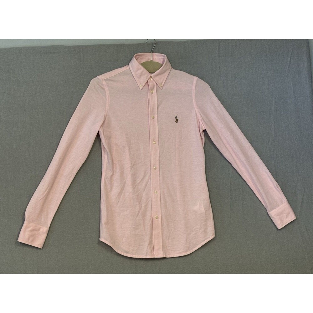 Ralph Lauren Women's S Pink Knit Oxford Shirt Long Sleeve Button Down Polo Logo